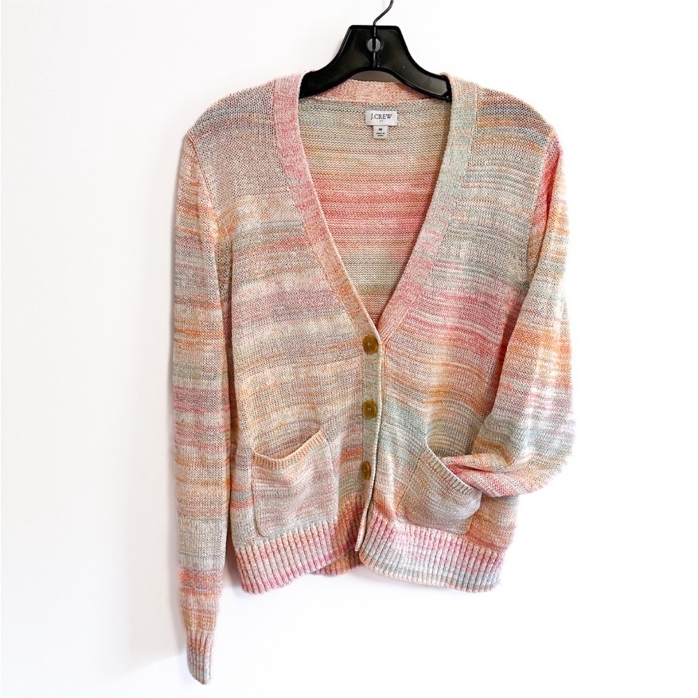 J Crew Cotton Blend Multicolor Rainbow Stripe Knit Cardigan size M medium